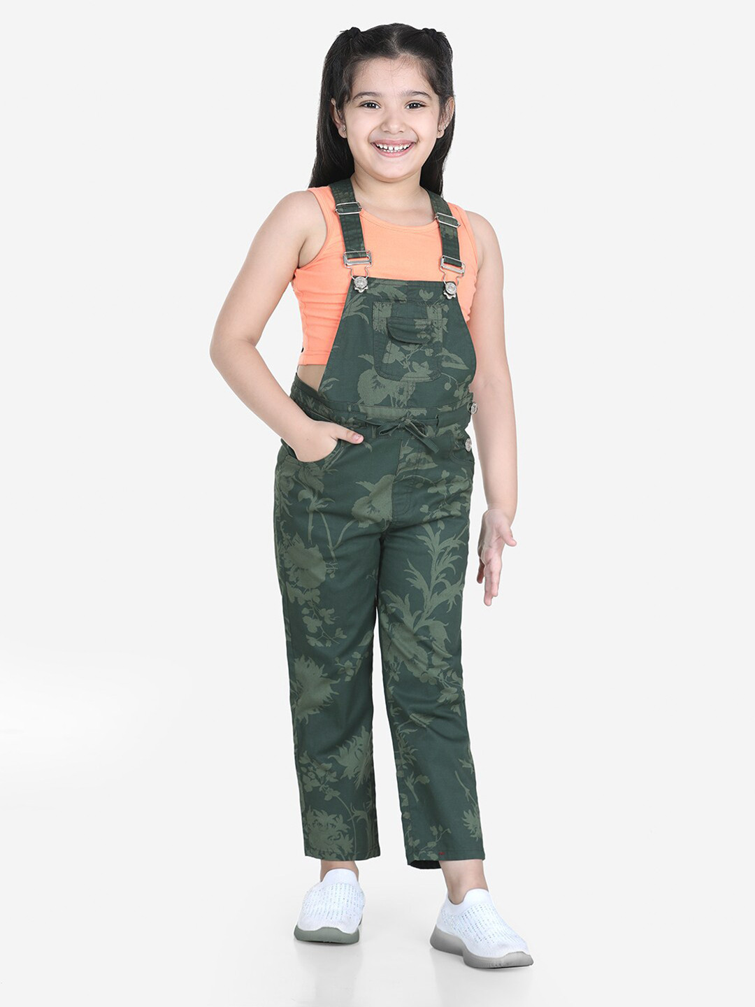 

Naughty Ninos Girls Olive Green & Orange Pure Cotton T-shirt with Dungarees