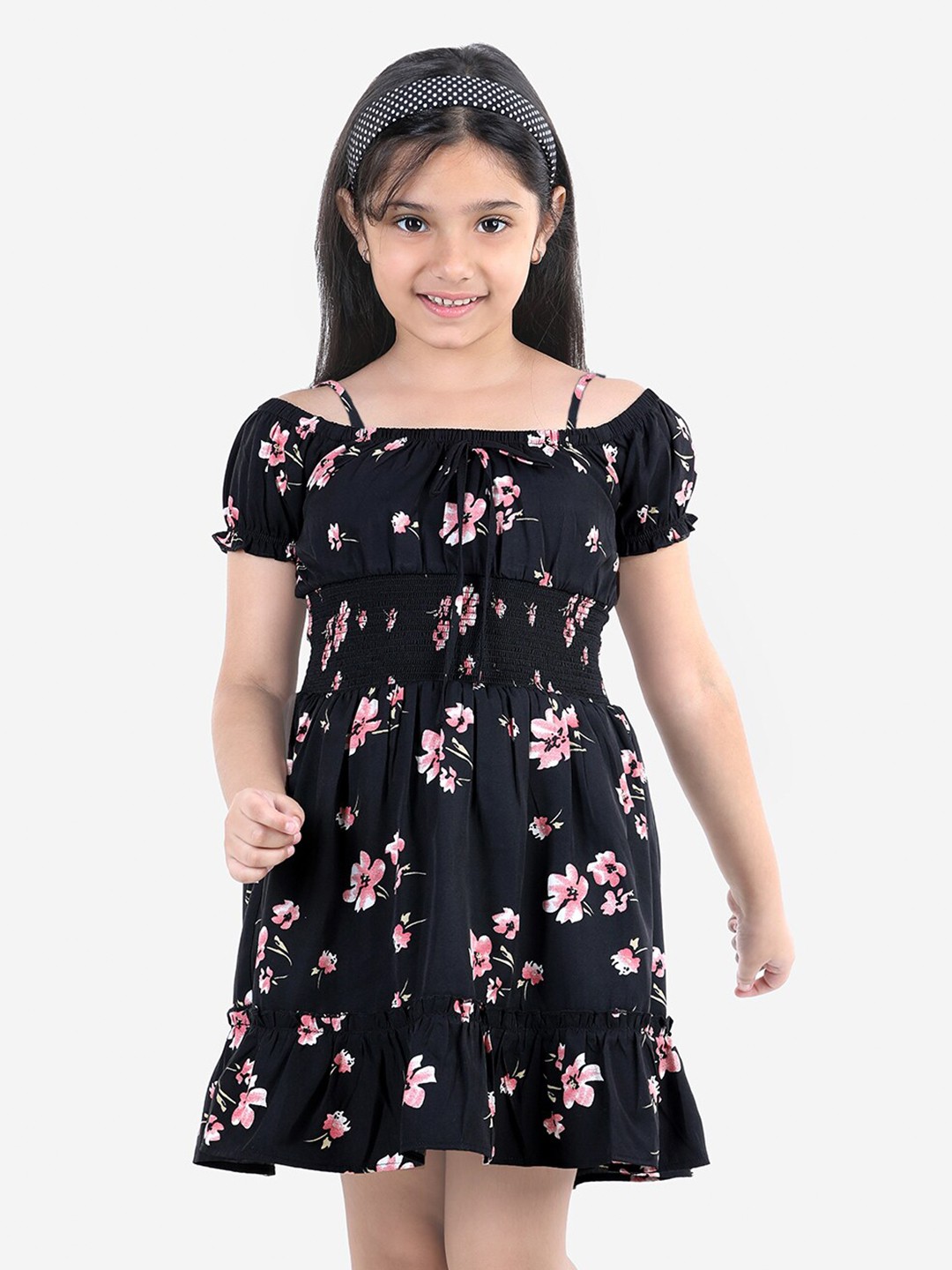 

Naughty Ninos Girls Black Floral Printed Off-Shoulder Dress