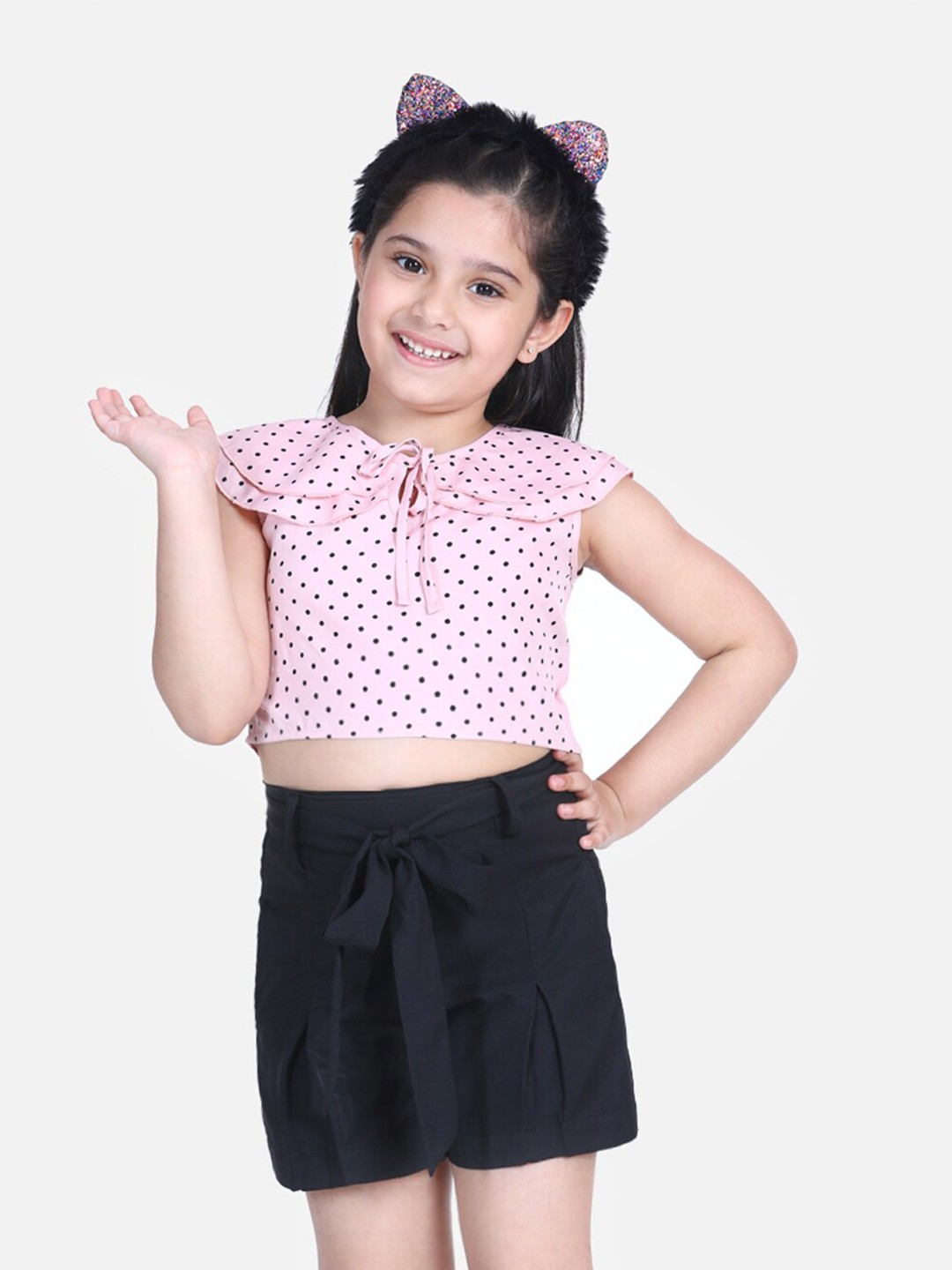 

Naughty Ninos Girls Pink & Black Polka Dots Printed Top with Shorts