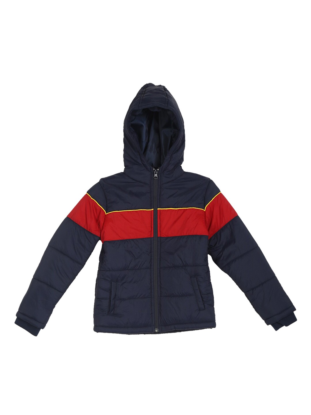 

Cherokee Boys Navy Blue & Red Colourblocked Hooded Puffer Jacket