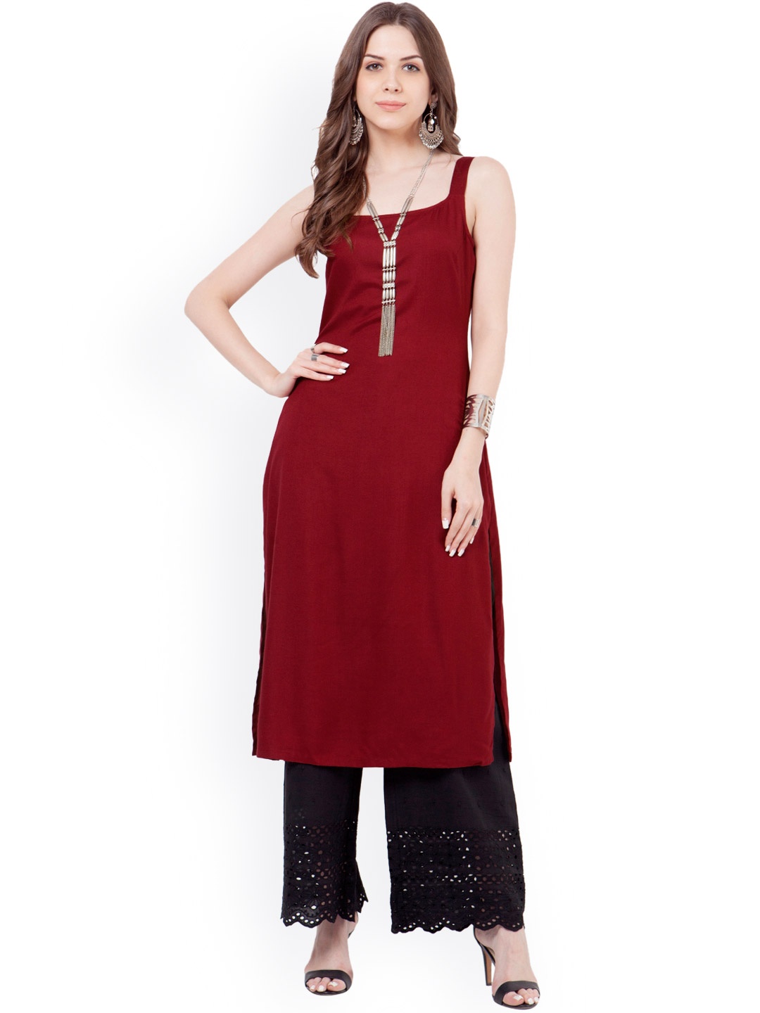 

INDYA Women Maroon Solid Straight Kurta