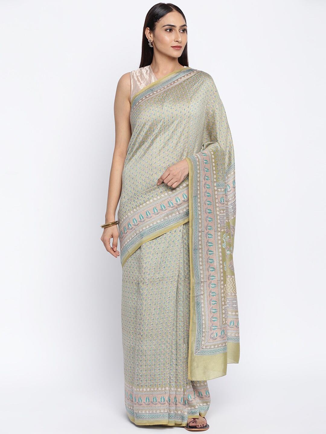

Fabindia Olive Green Floral Block Print Saree