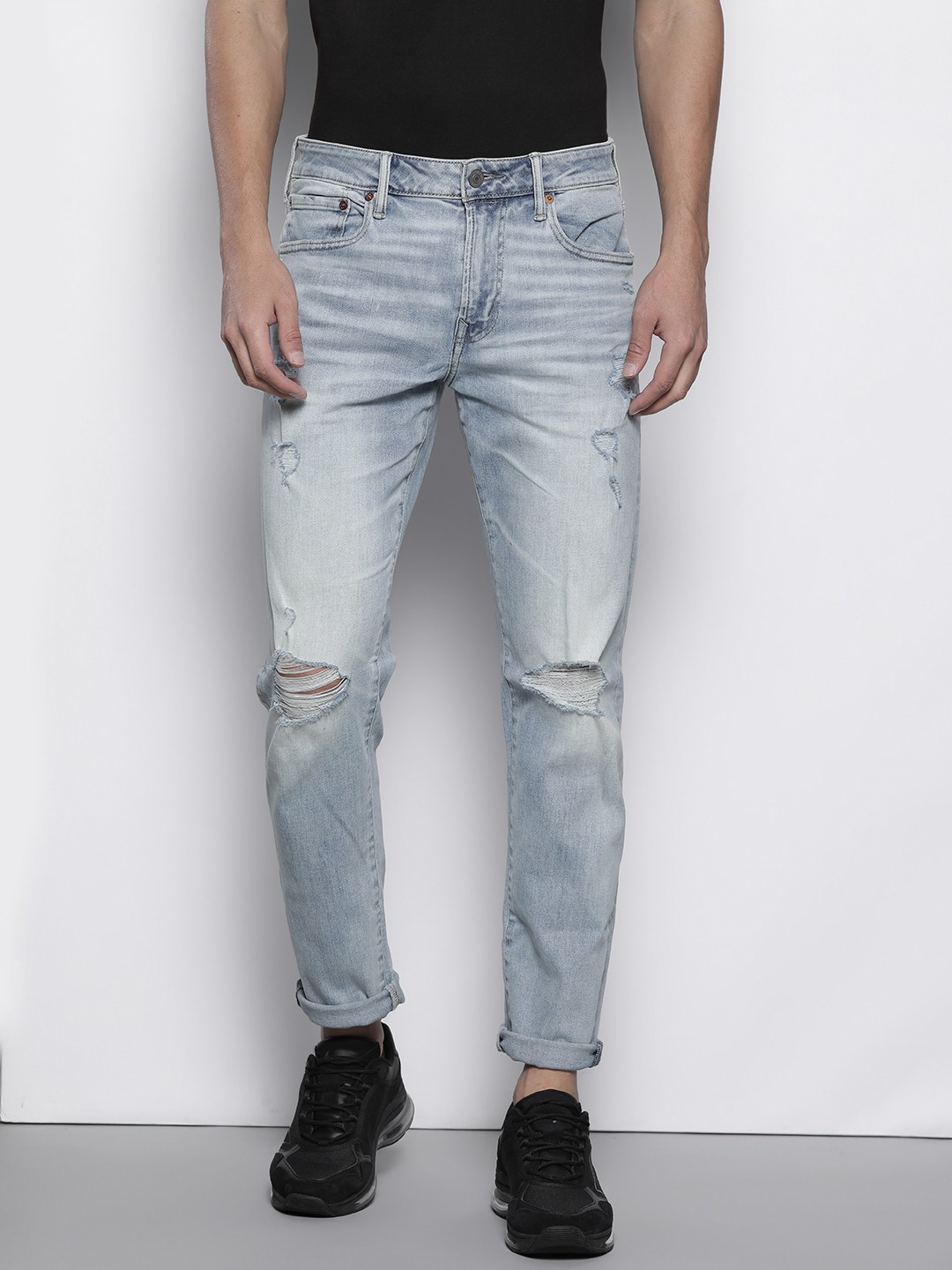 

AMERICAN EAGLE OUTFITTERS Men Blue Airflex+ Mildly Distressed Athletic Jeans