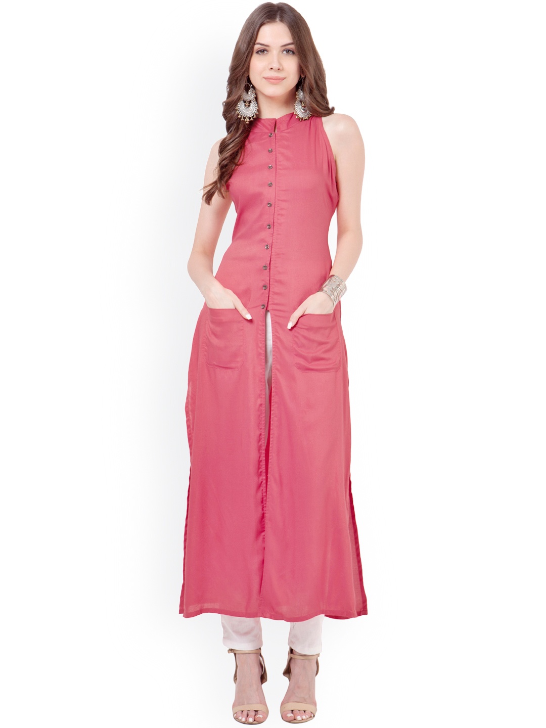 

INDYA Women Coral Pink Solid Straight Kurta