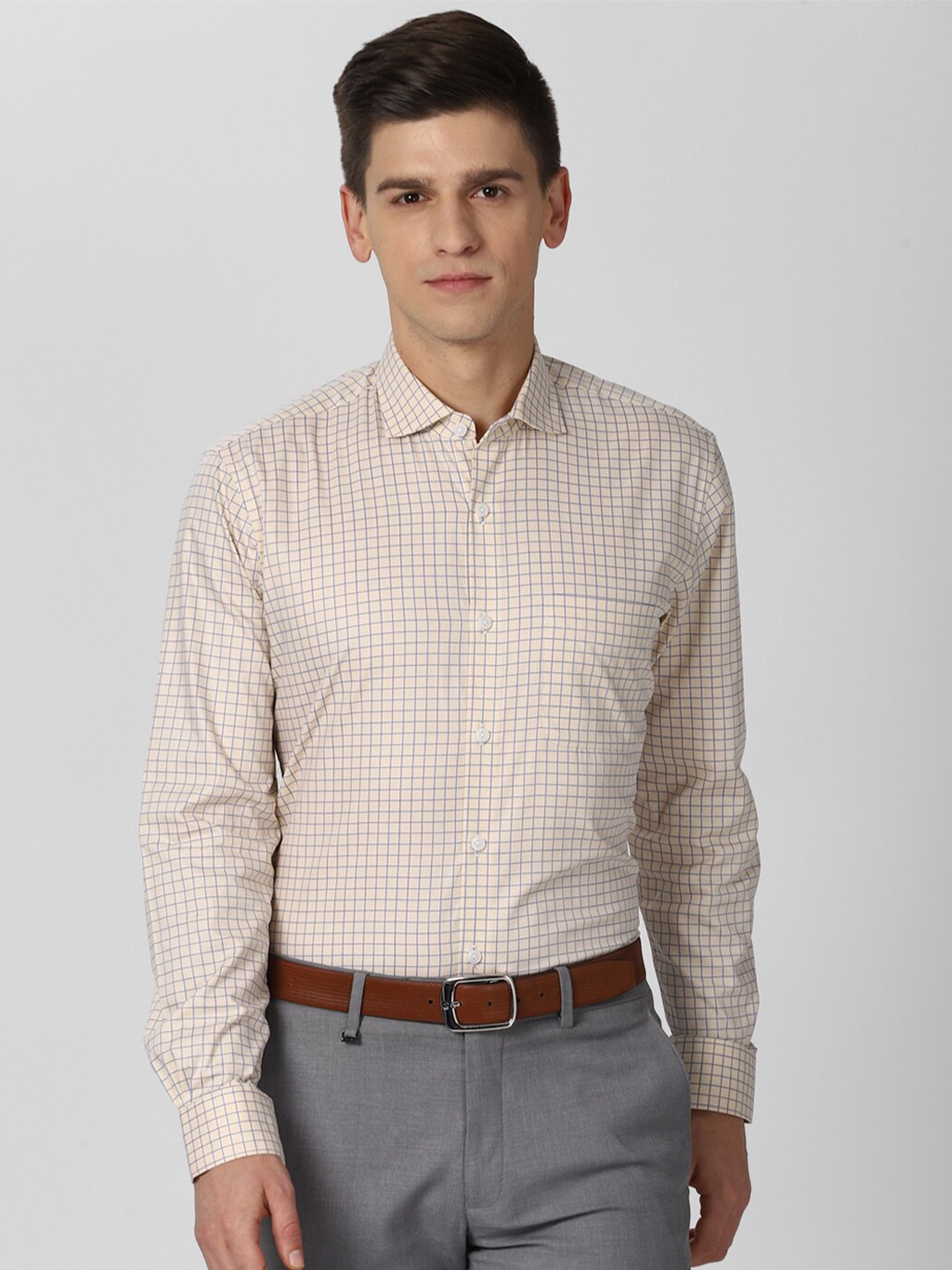 

Peter England Elite Men Beige Opaque Checked Formal Shirt