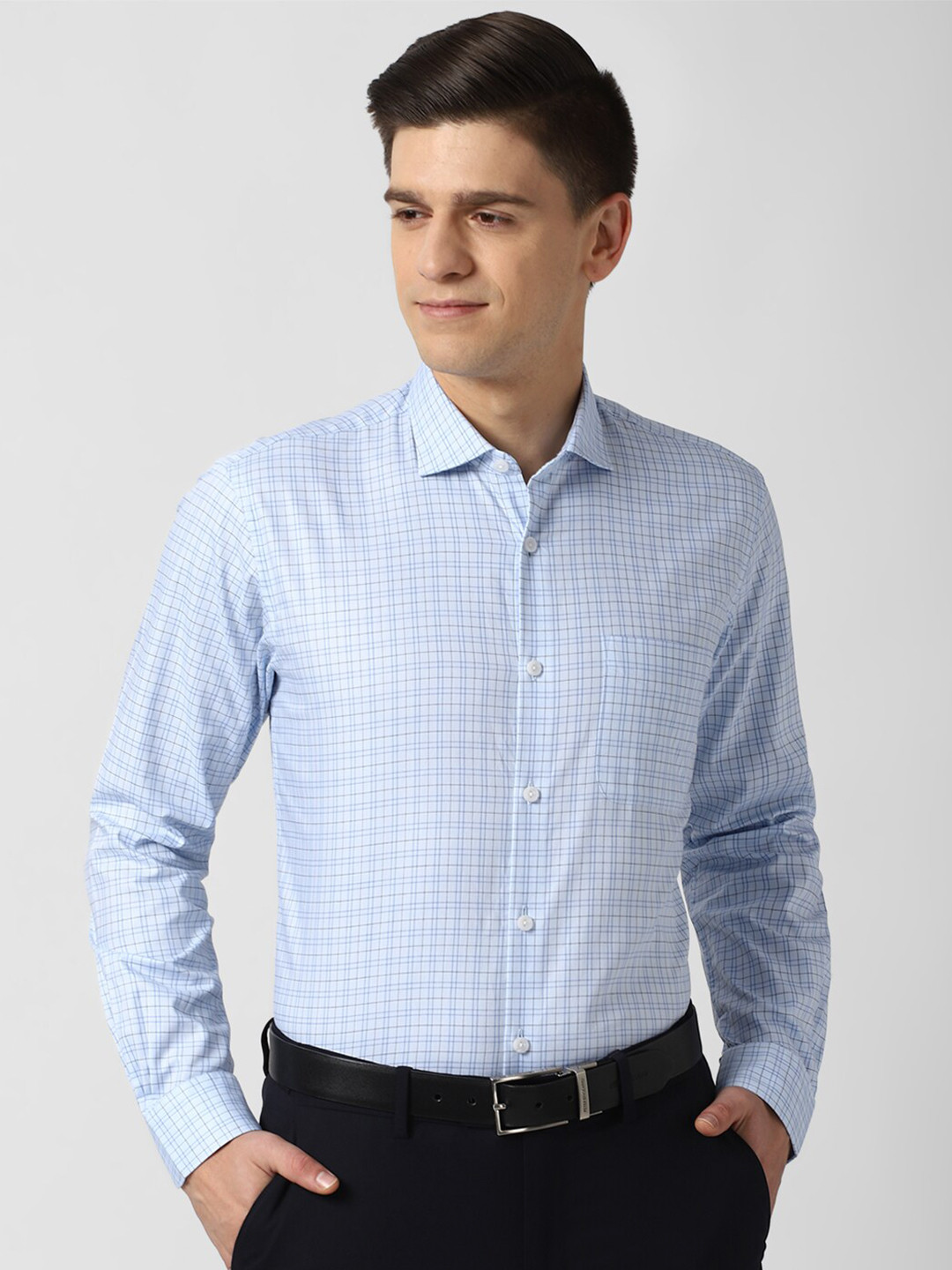 

Peter England Elite Men Blue Grid Tattersall Checks Opaque Checked Formal Shirt