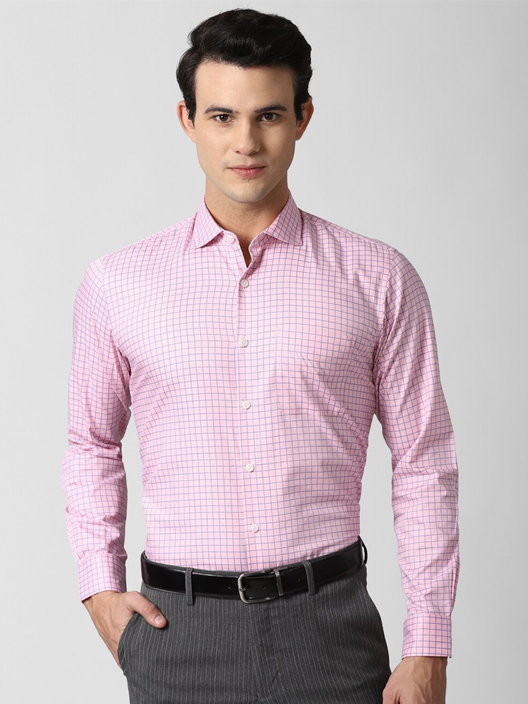

Peter England Elite Men Pink Opaque Checked Formal Shirt