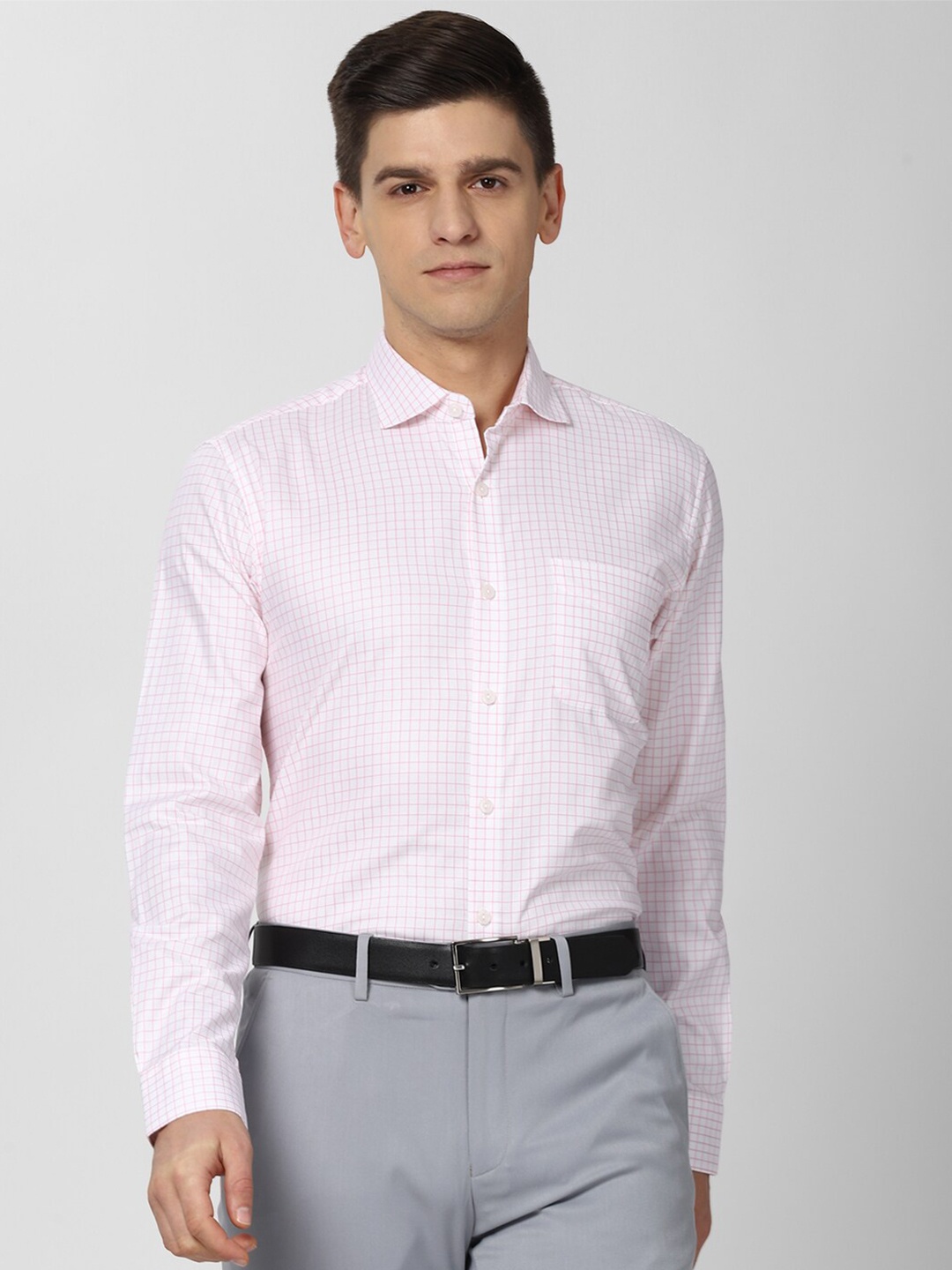 

Peter England Elite Men Pink Grid Tattersall Checks Opaque Checked Formal Shirt