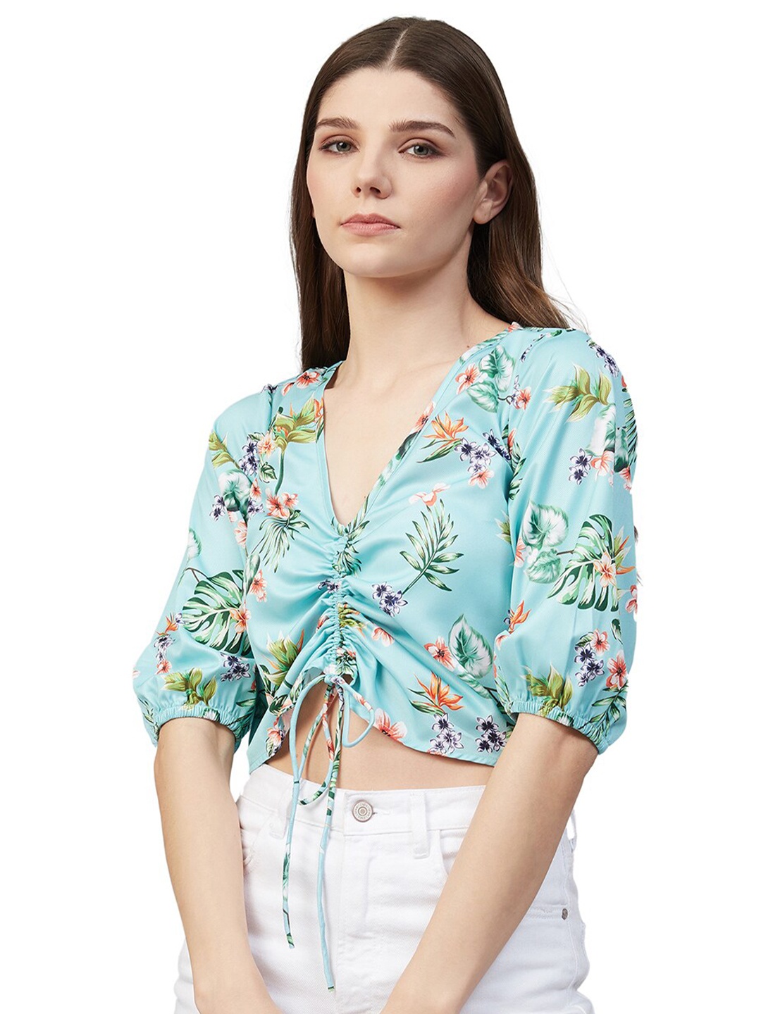 

Orchid Blues Blue & Green Floral Ruched Crop Top