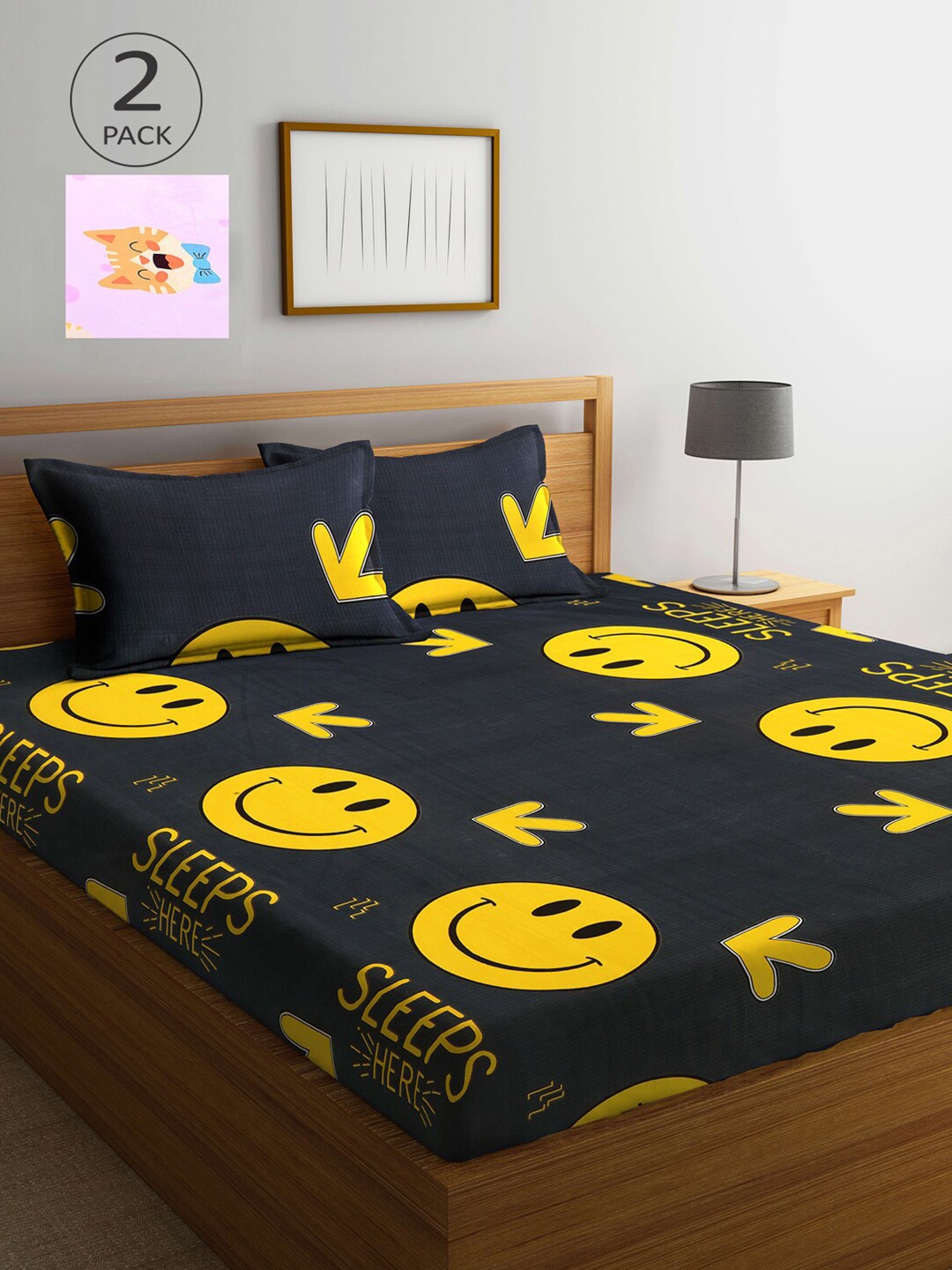 

KLOTTHE Set Of 2 Printed 210 TC 2 King Bedsheet with 4 Pillow Covers, Black