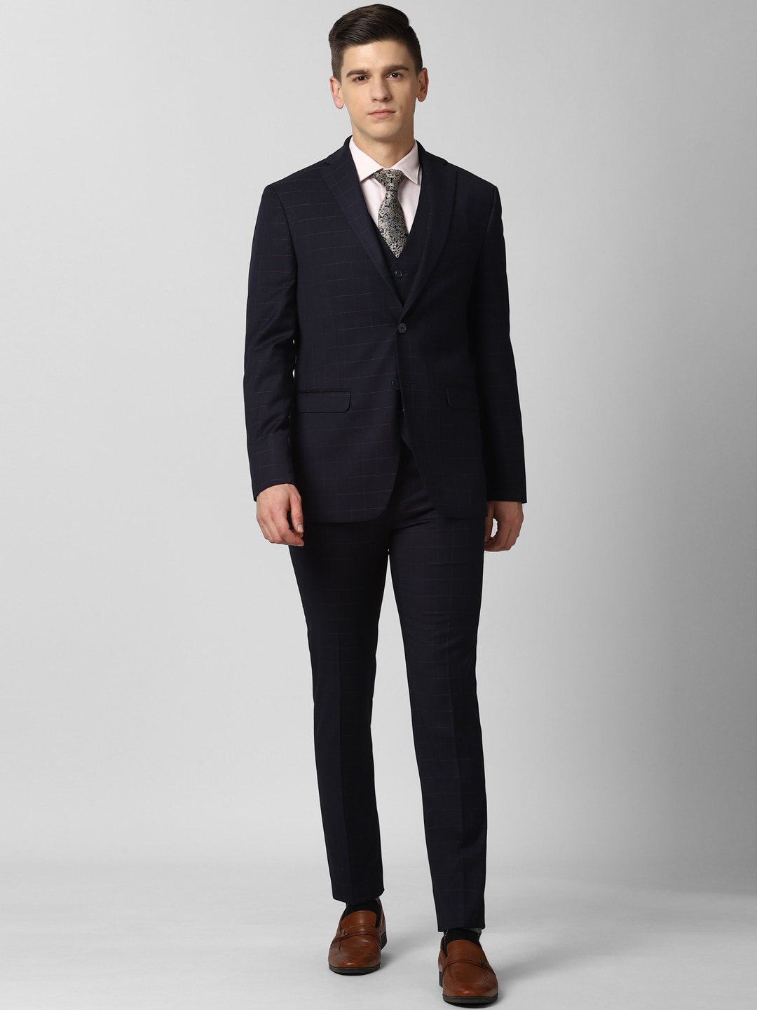 

Peter England Elite Men Navy Blue Checked Slim-Fit Single-Breasted Three-Piece Formal Suit