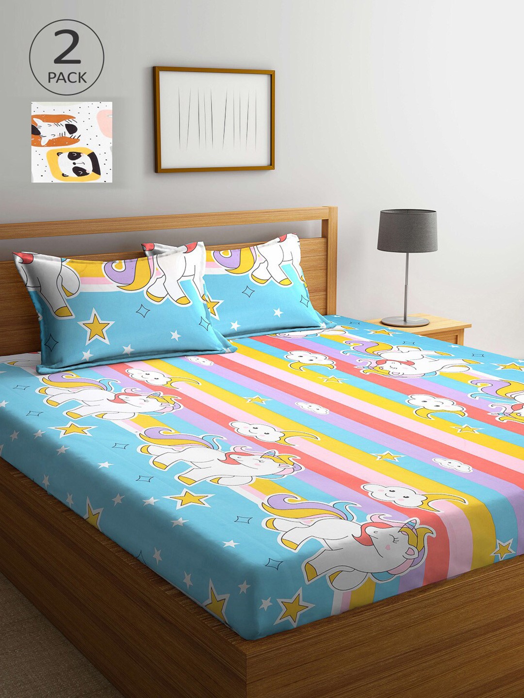 

KLOTTHE White & Blue Cartoon Characters 300 TC 2 King Bedsheet with 4 Pillow Covers