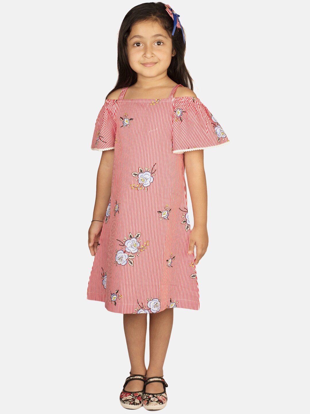 

RIBBON CANDY Cotton Pink Striped Floral Applique A-Line Dress