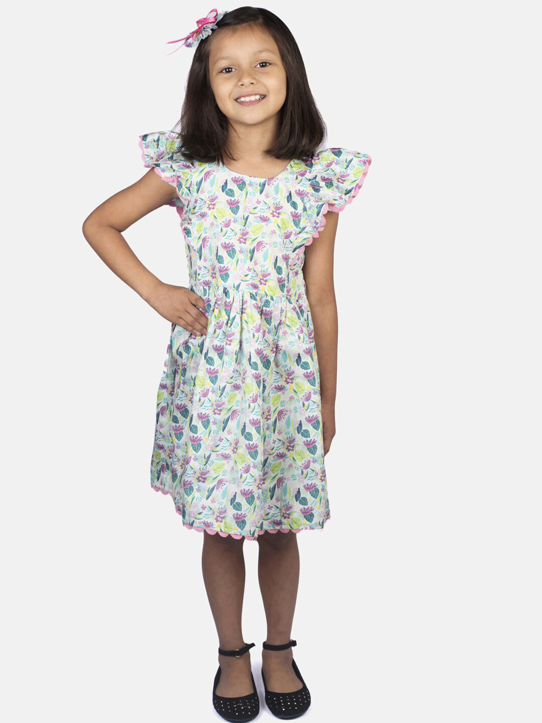 

RIBBON CANDY Multicoloured Floral Cotton A-Line Dress With Hair Clip, Multi