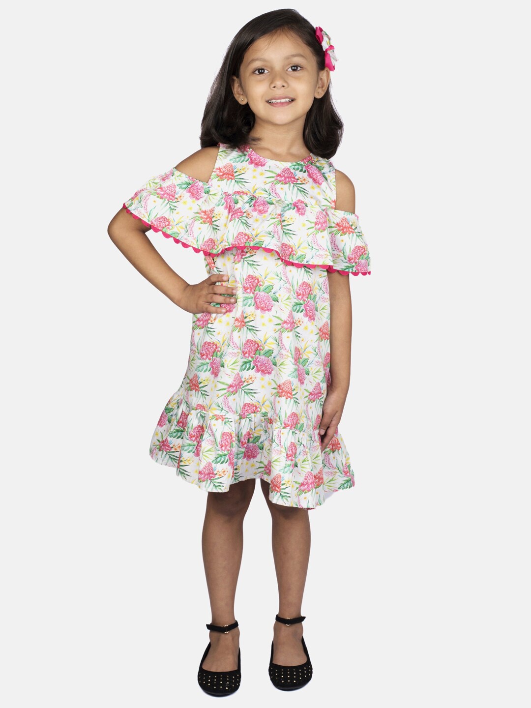 

RIBBON CANDY Girls White & Pink Floral Round Neck Layered A-Line Dress