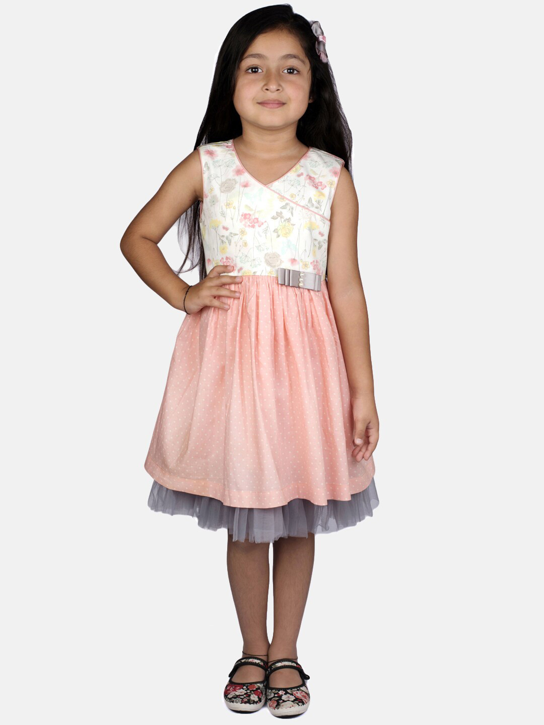 

RIBBON CANDY Girls Peach-Coloured & White Pure Cotton Floral Dress
