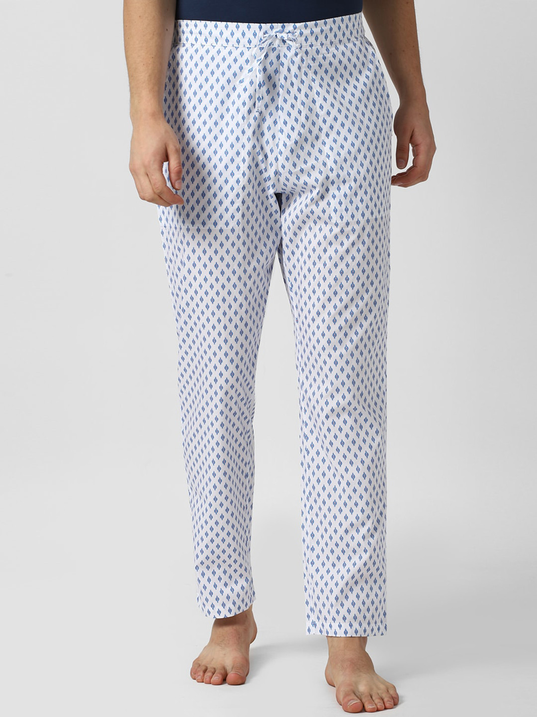 

Peter England Men White & Blue Printed Pure Cotton Loose-Fit Lounge Pants