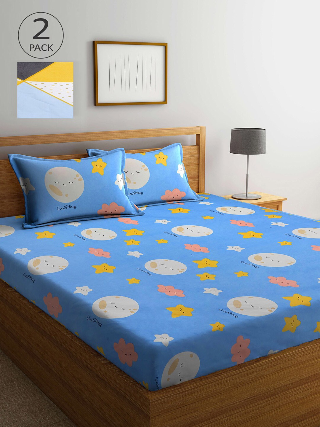 

KLOTTHE Blue & Yellow Cartoon Characters 210 TC 2 King Bedsheet with 4 Pillow Covers