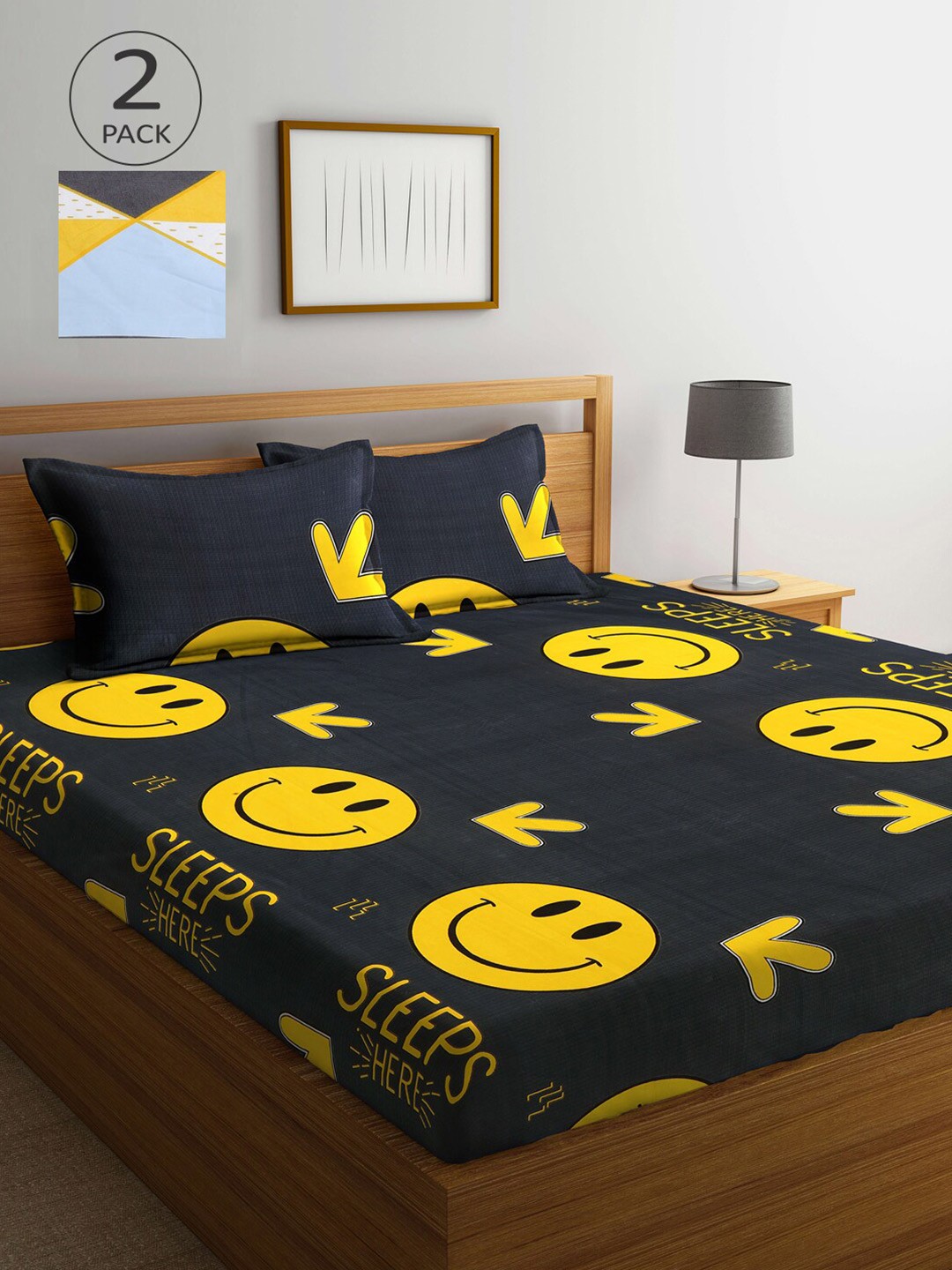 

KLOTTHE Black & Yellow Cartoon Characters 210 TC 2 King Bedsheet with 4 Pillow Covers