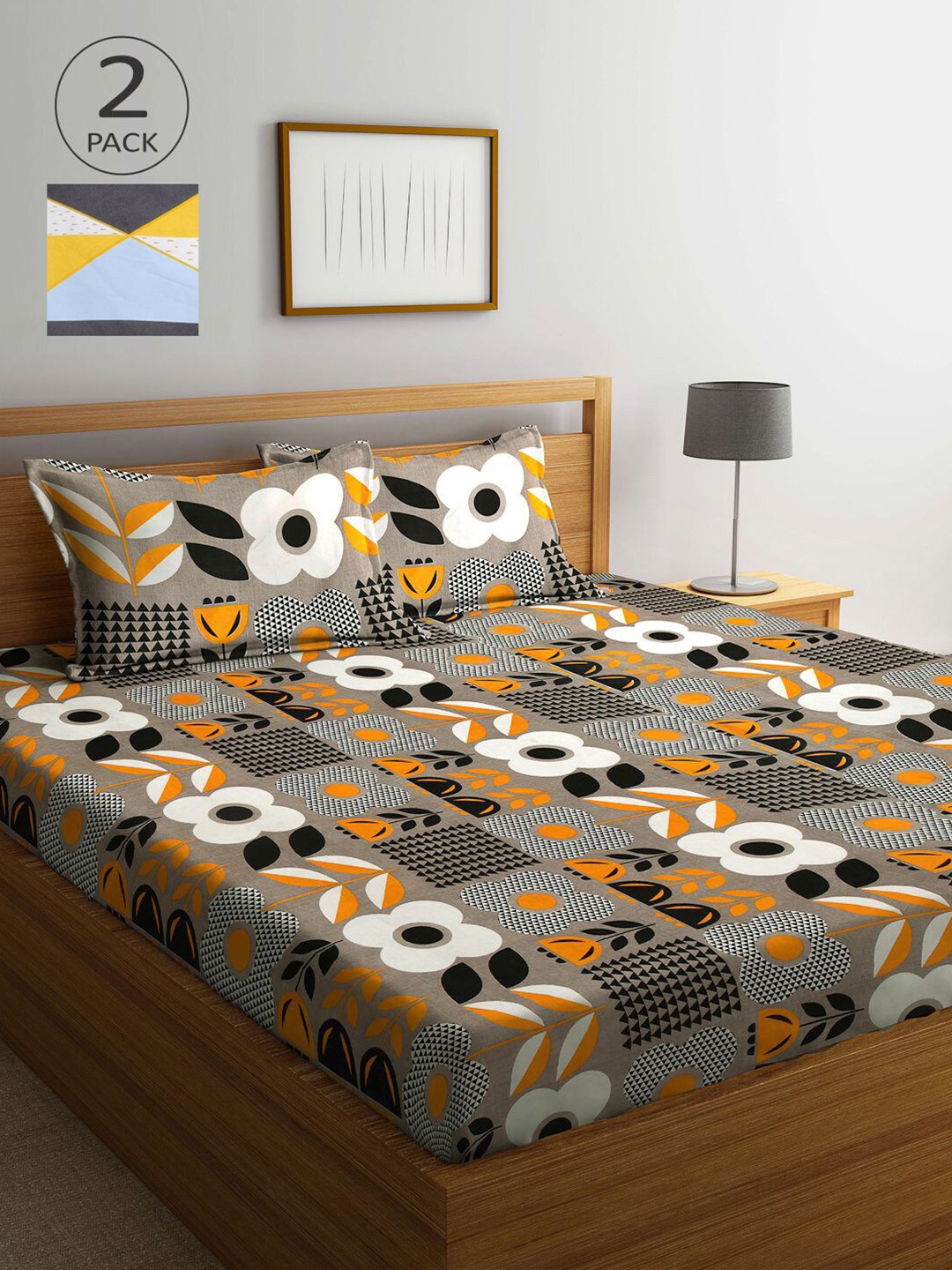 

KLOTTHE Set Of 2 Grey & Mustard Floral 210 TC 2 King Bedsheet with 4 Pillow Covers