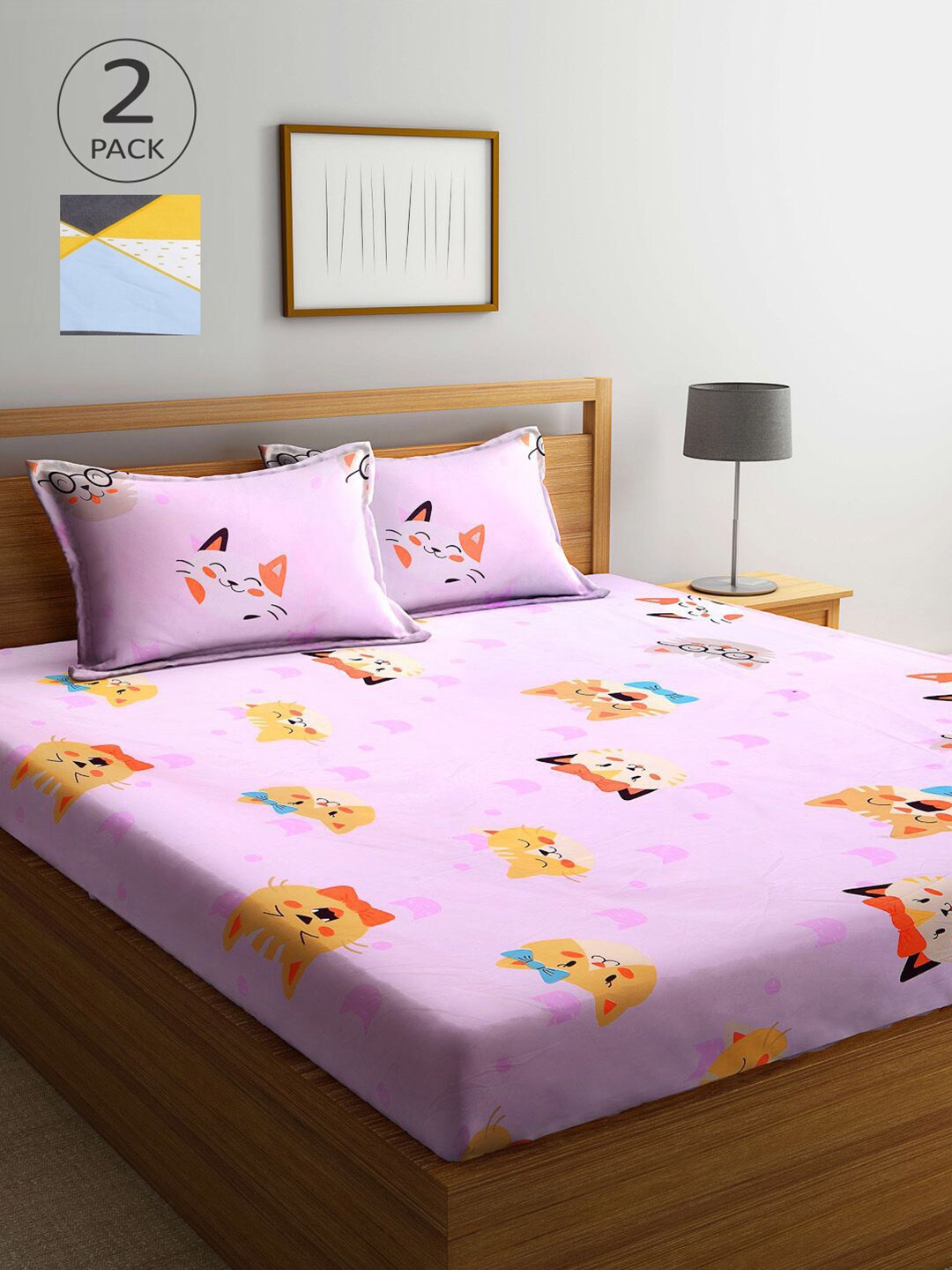 

KLOTTHE Pink & Yellow Cartoon Characters 210 TC 2 King Bedsheets with 4 Pillow Covers