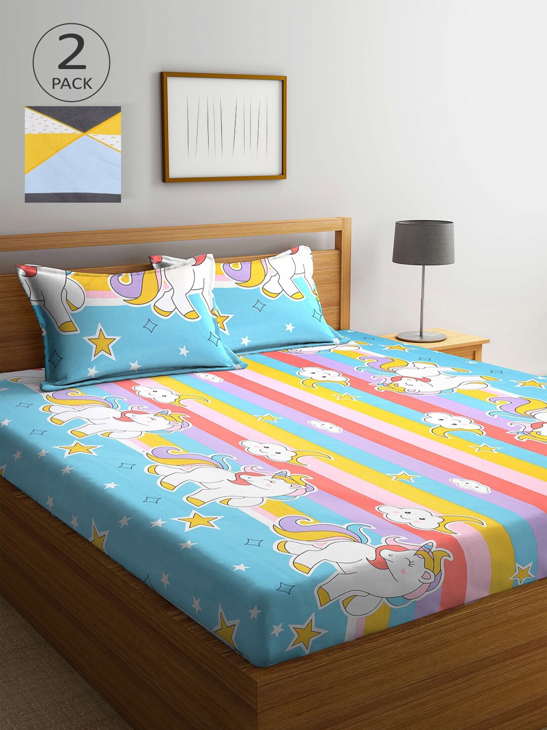 

KLOTTHE Set of 2 Blue & Yellow Geometric 210 TC King Bedsheet with 4 Pillow Covers
