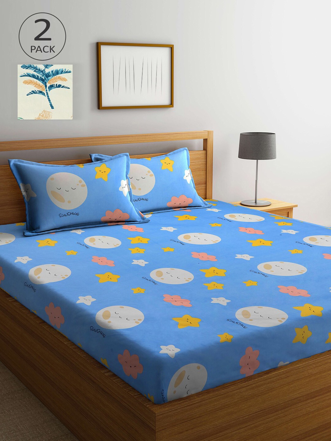 

KLOTTHE Set of 2 Off White & Blue Graphic 210 TC King Bedsheet with 4 Pillow Covers