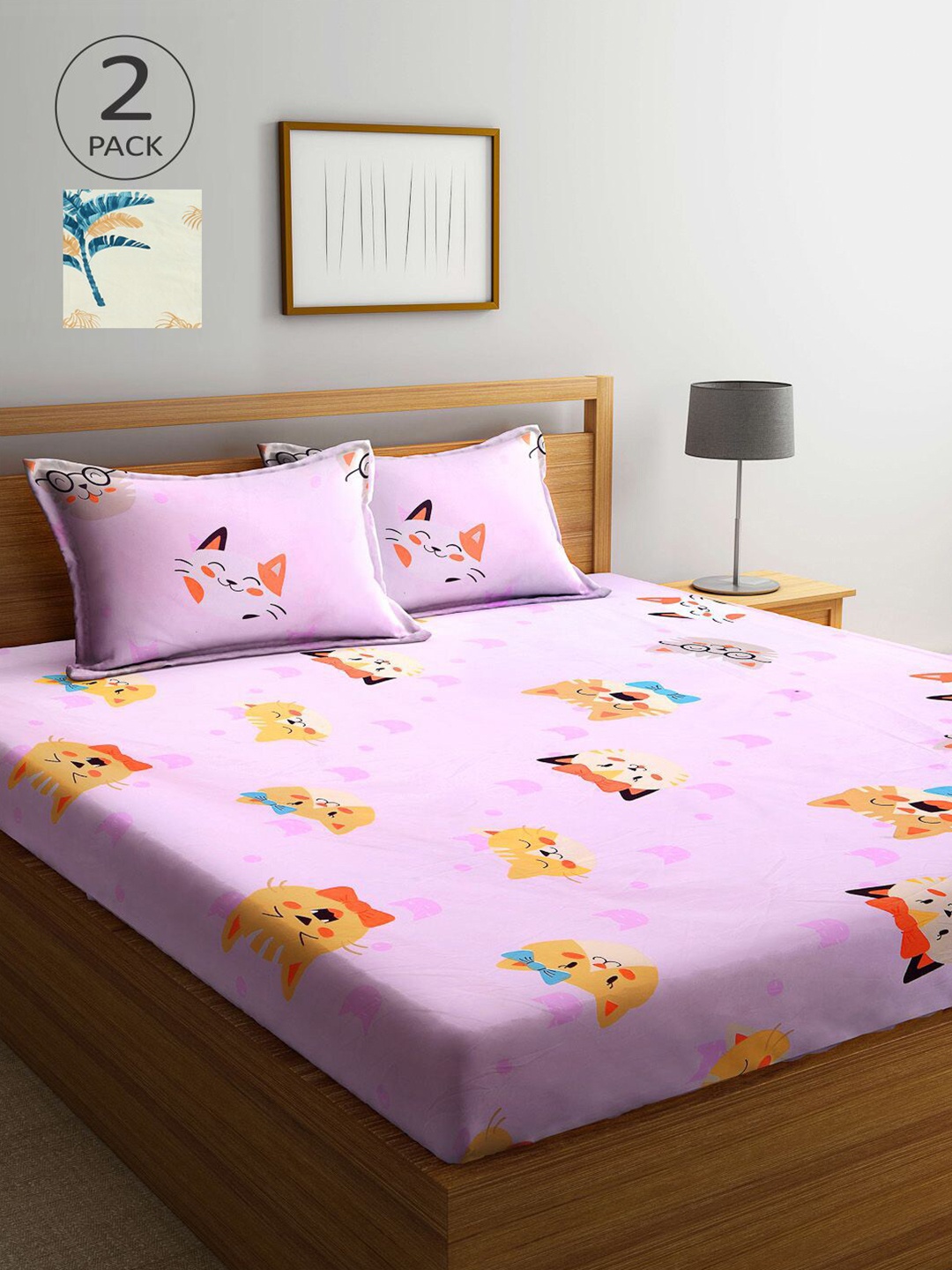 

KLOTTHE Set Of 2 Printed 210 TC 2 King Bedsheet with 4 Pillow Covers, Off white