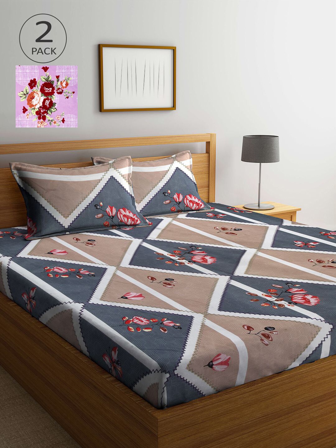 

KLOTTHE Pink & Brown Printed 210 TC 2 King Bedsheet with 4 Pillow Covers