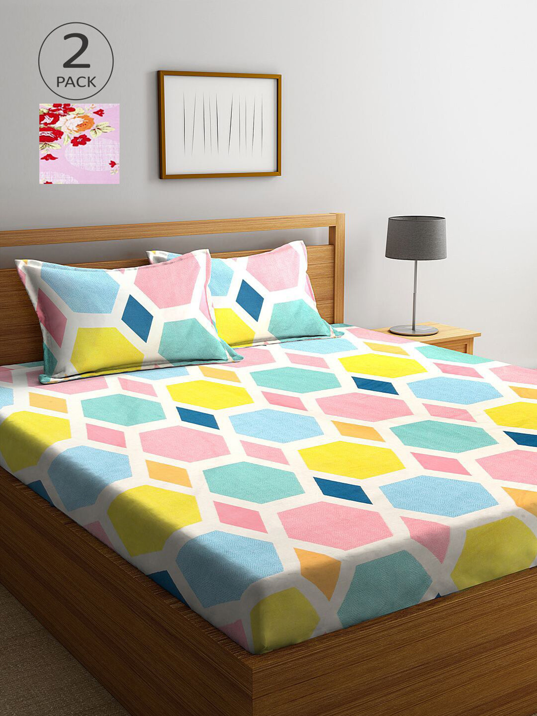 

KLOTTHE Set of 2 White & Lavender Geometric 210 TC 2 King Bedsheet with 4 Pillow Covers