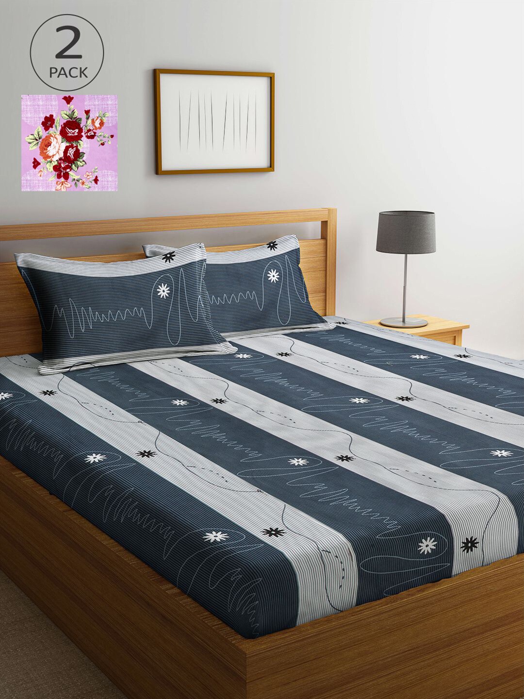 

KLOTTHE Pink & Grey Floral 210 TC 2 King Bedsheet with 4 Pillow Covers