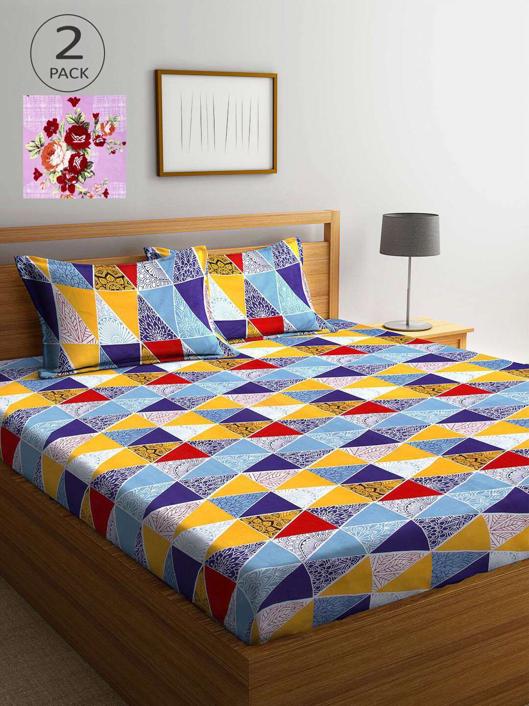 

KLOTTHE Blue & White Geometric 210 TC 2 King Bedsheet with 4 Pillow Covers