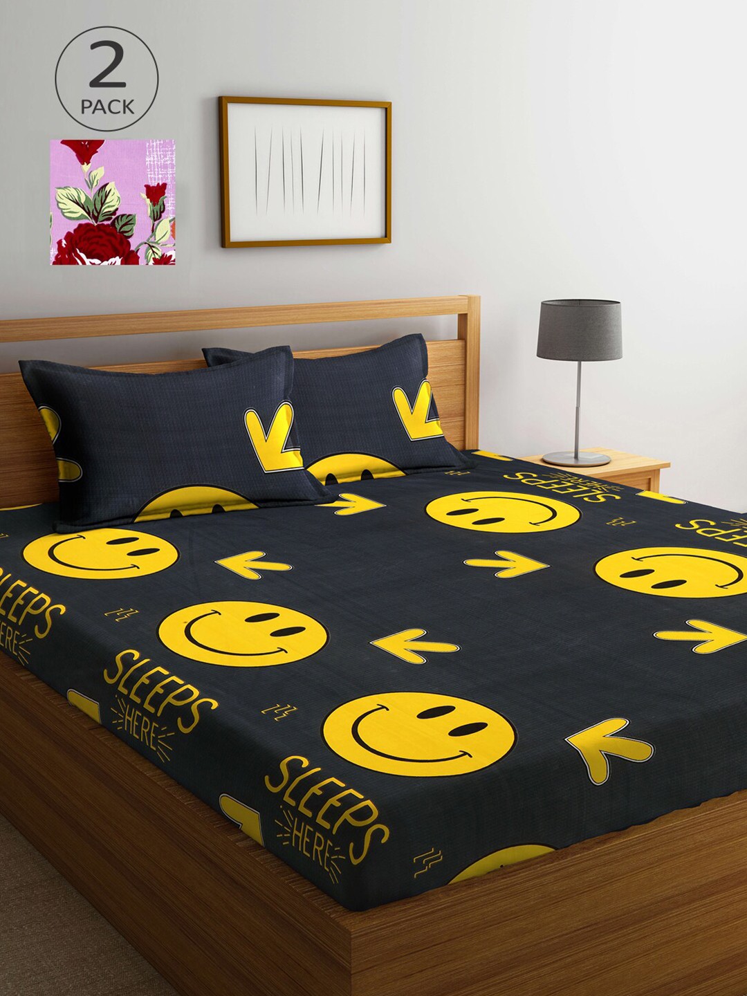 

KLOTTHE Set Of 2 Printed 210 TC 2 King Bedsheet with 4 Pillow Covers, Black