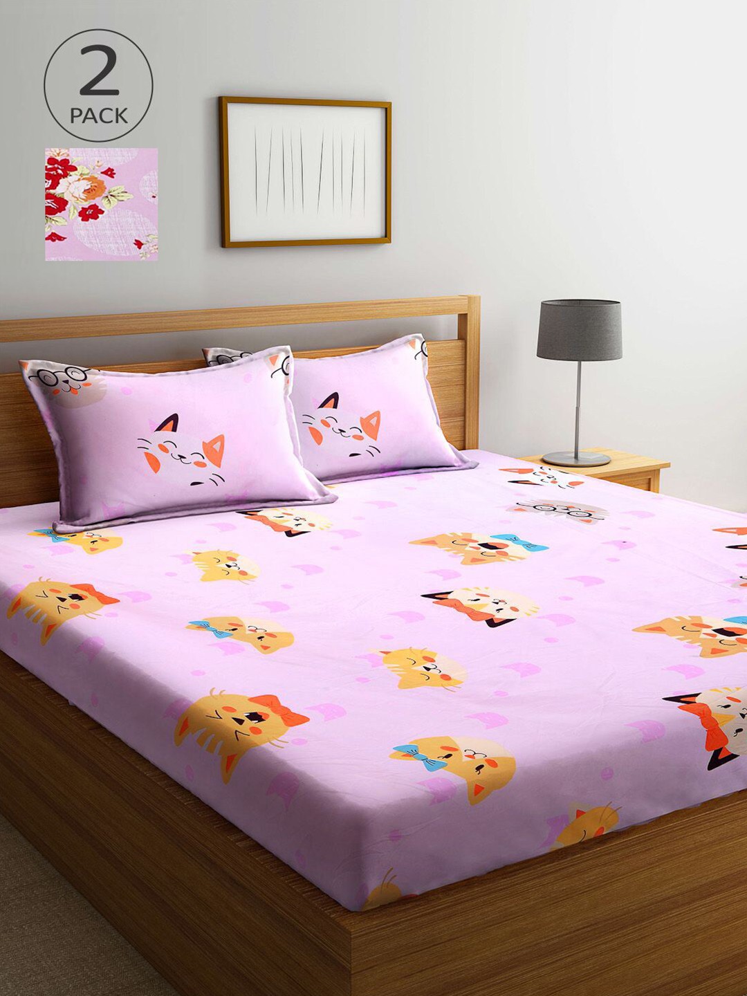 

KLOTTHE Pink & Yellow Cartoon Characters 210 TC 2 King Bedsheets with 4 Pillow Covers