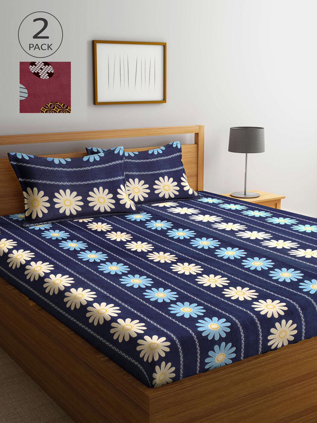 

KLOTTHE Blue & Maroon Printed 210 TC 2 King Bedsheet with 4 Pillow Covers