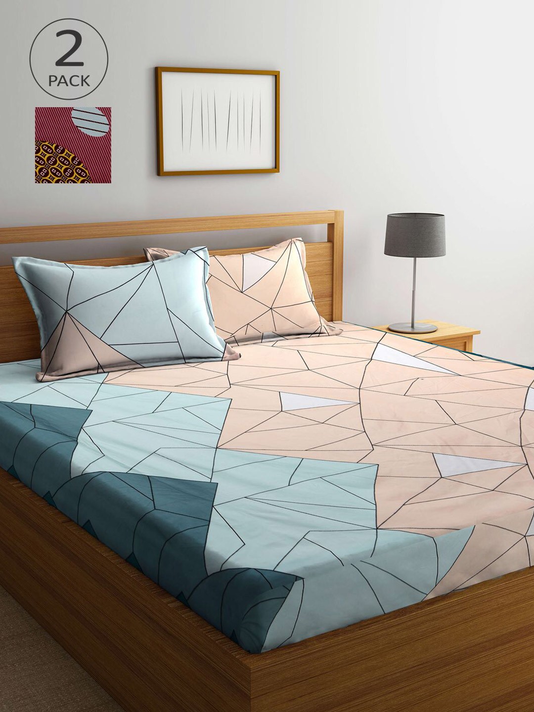 

KLOTTHE Set Of 2 Maroon & Blue Geometric 210 TC 2 King Bedsheet with 4 Pillow Covers