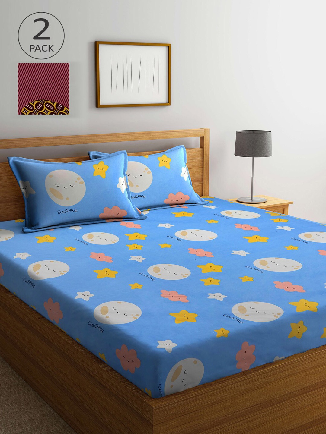 

KLOTTHE Blue & Maroon Cartoon Characters 210 TC 2 King Bedsheets with 4 Pillow Covers