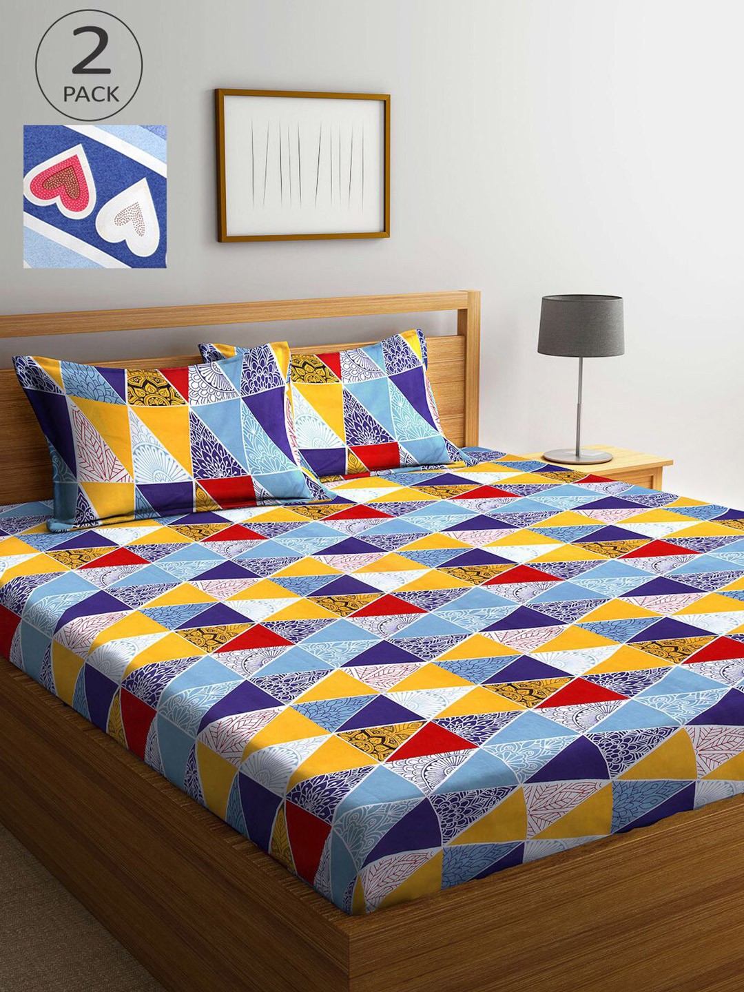 

KLOTTHE Blue & Yellow Geometric 210 TC 2 King Bedsheet with 4 Pillow Covers