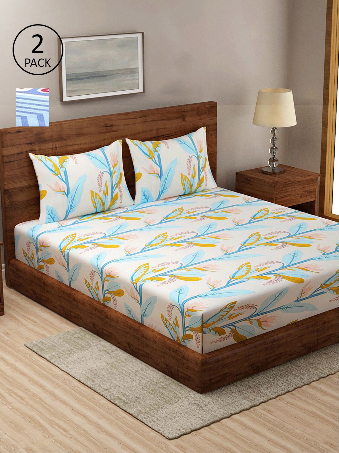 

KLOTTHE Set of 2 Turquoise Blue & White Floral 210 TC King Bedsheet with 4 Pillow Covers