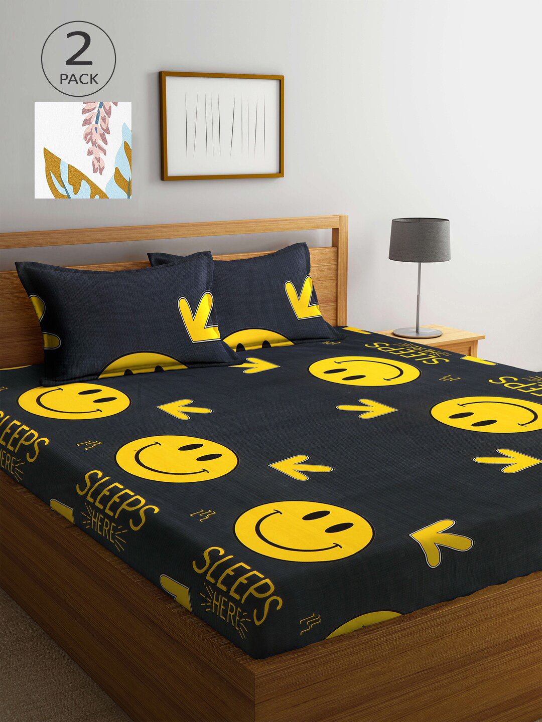 

KLOTTHE Black & Yellow Cartoon Characters 210 TC 2 King Bedsheet with 4 Pillow Covers