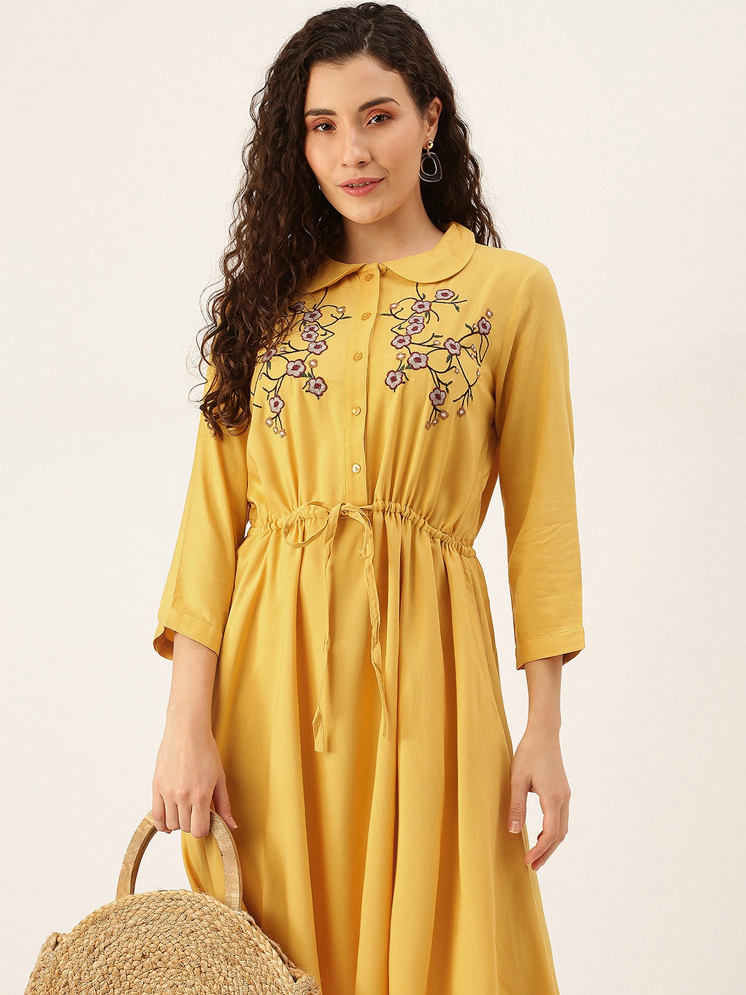 

Flying Machine Women Mustard Yellow & Brown Embroidered Fit & Flare Dress