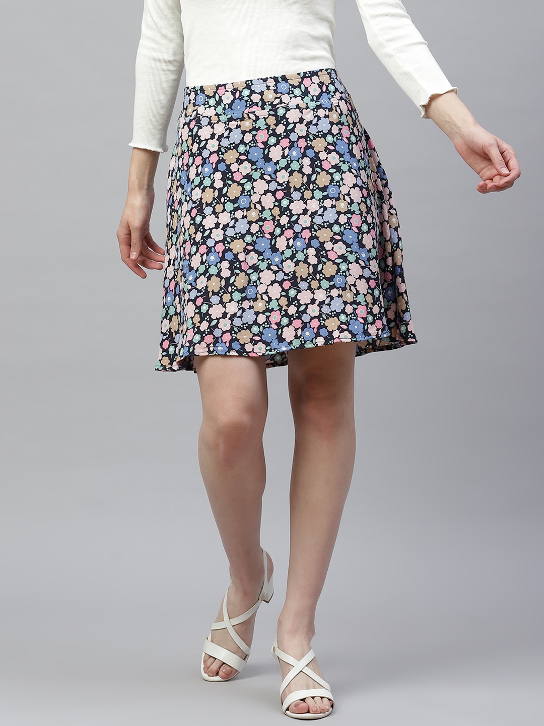 

Ayaany Women Navy Blue & Pink Floral Printed A-Line Skirt