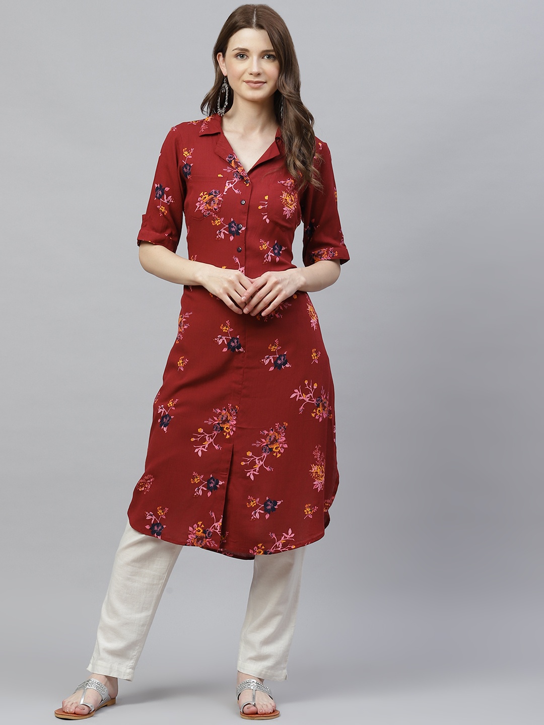 

Ayaany Women Red Floral Printed A-Line Kurta