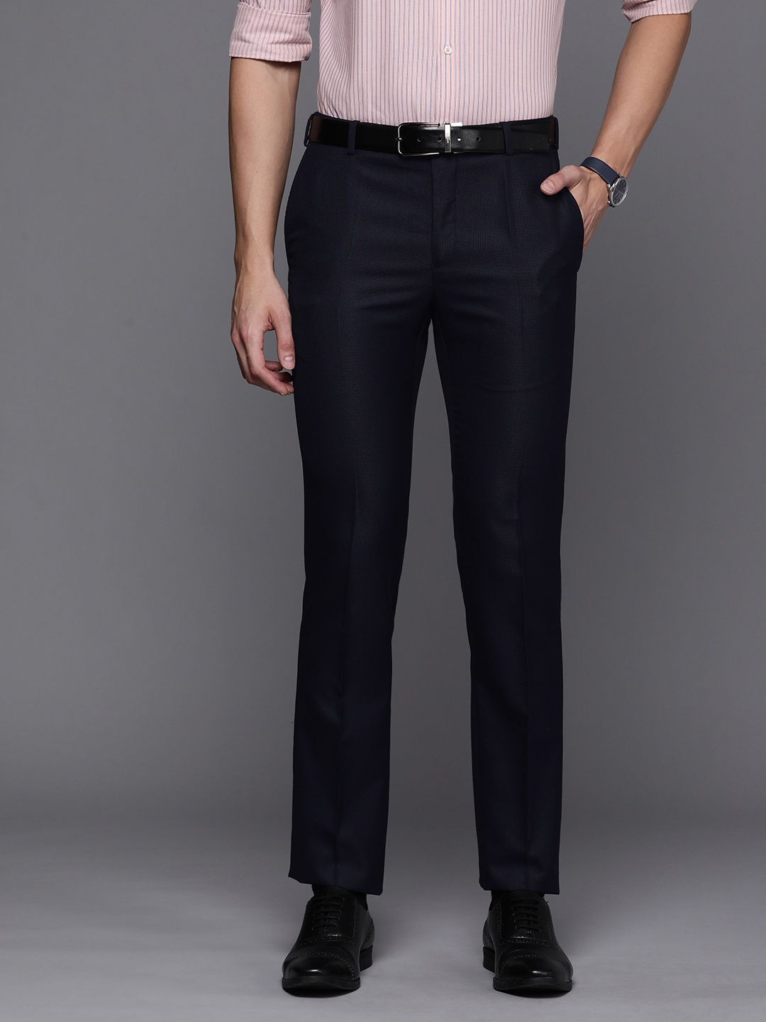 

Raymond Men Navy Blue Textured Slim Fit Trousers