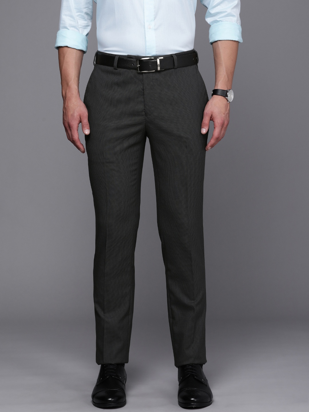 

Raymond Men Charcoal Self Design Mid-Rise Slim Fit Formal Trousers