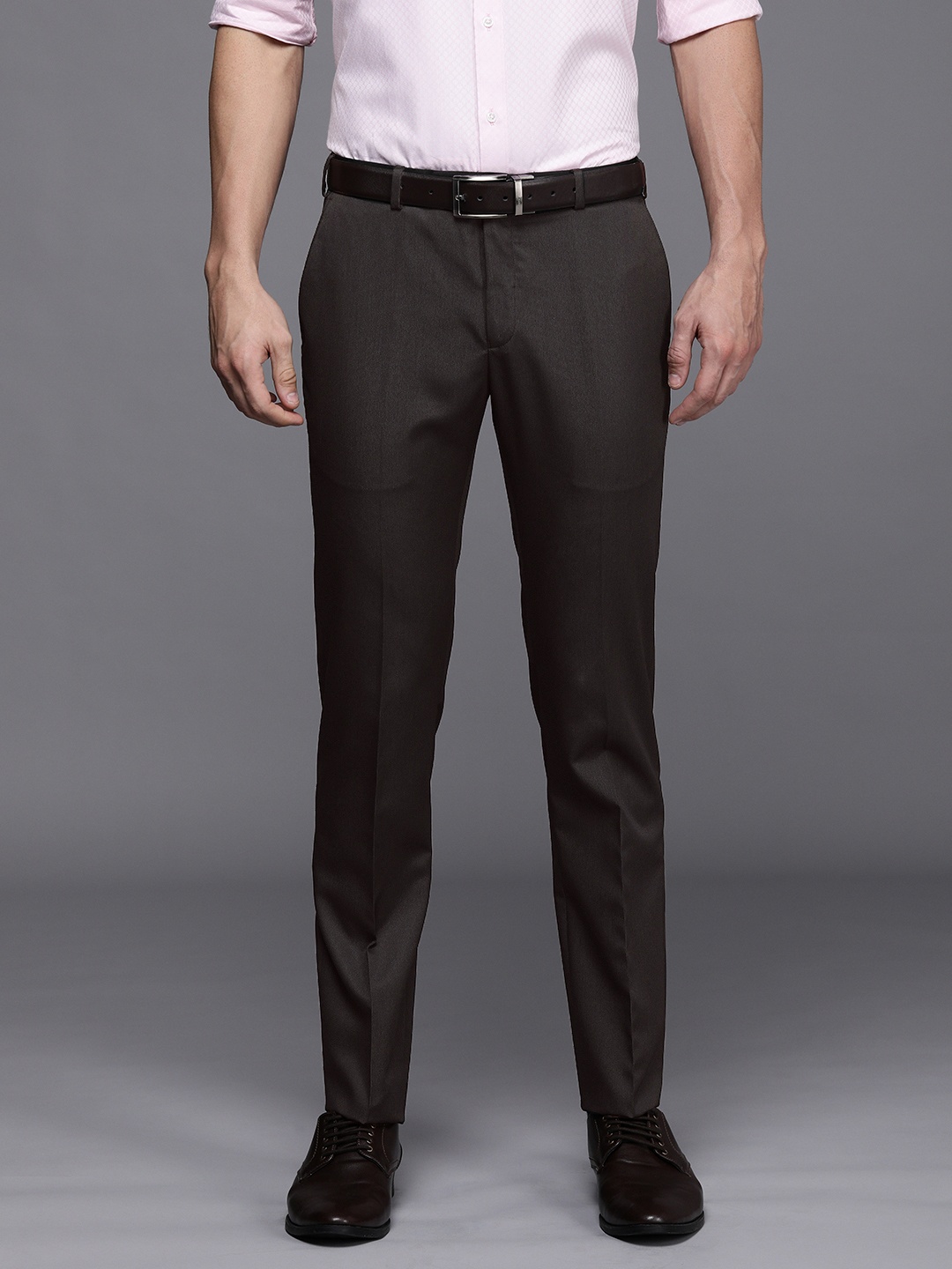

Raymond Men Brown Solid Slim Fit Mid Rise Formal Trousers