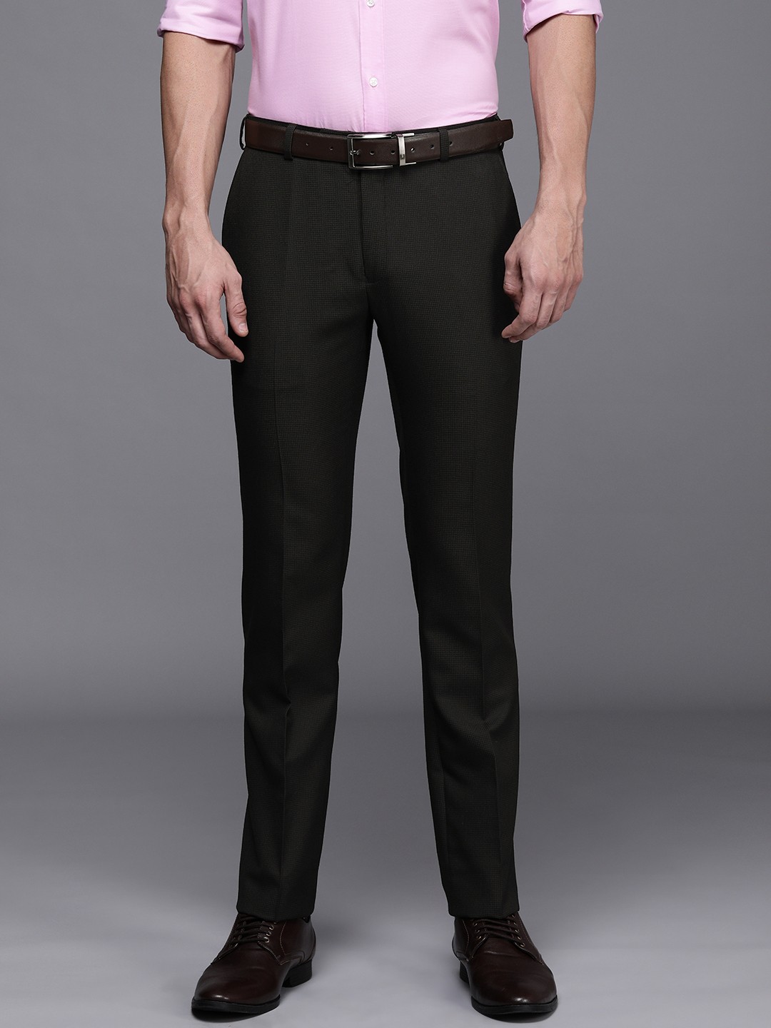 

Raymond Men Brown Self Designed Slim Fit Trousers