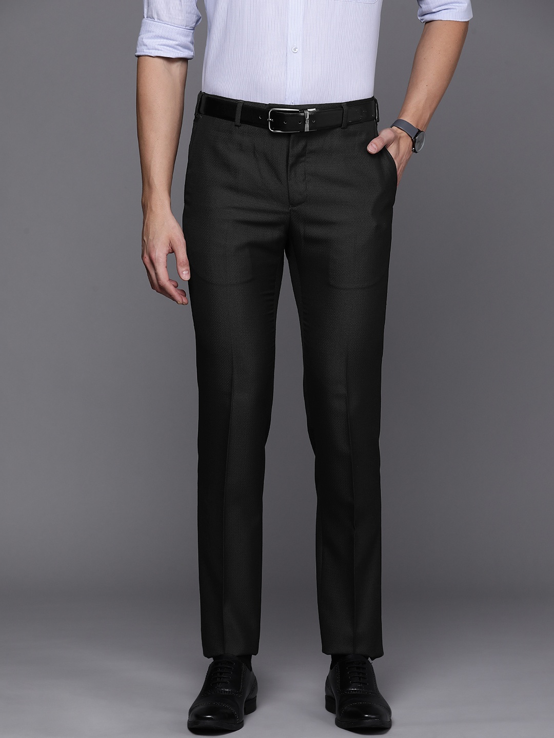 

Raymond Men Black Slim Fit Textured Mid Rise Formal Trousers