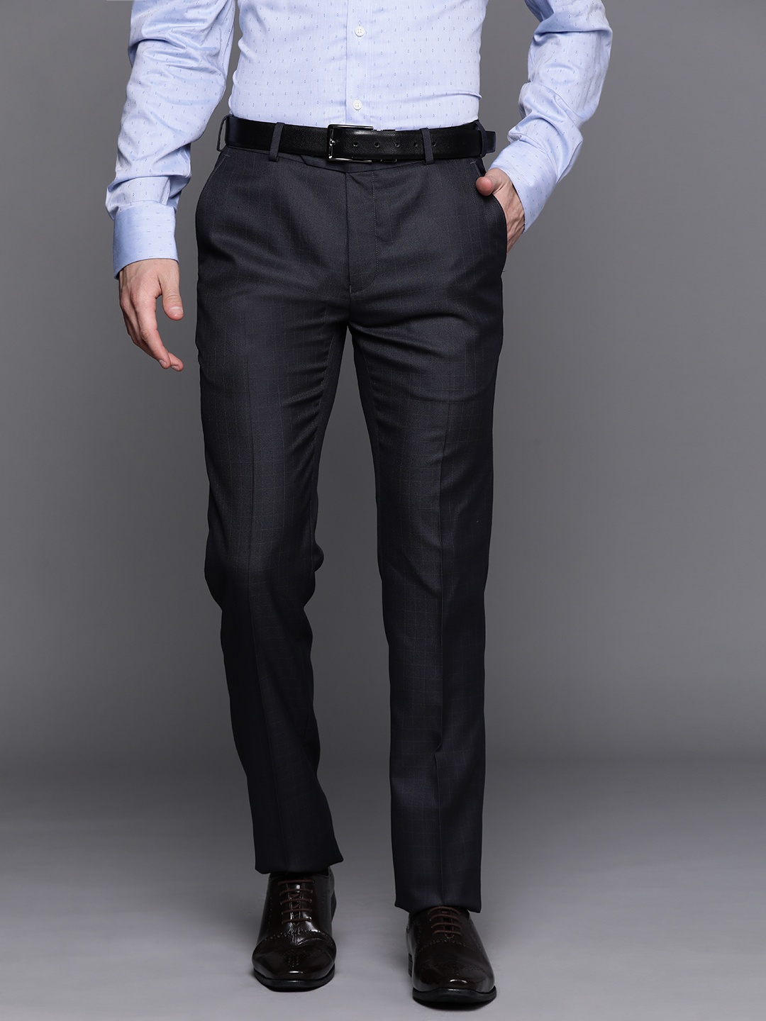 

Raymond Men Navy Blue & Charcoal Grey Checked Slim Fit Trousers