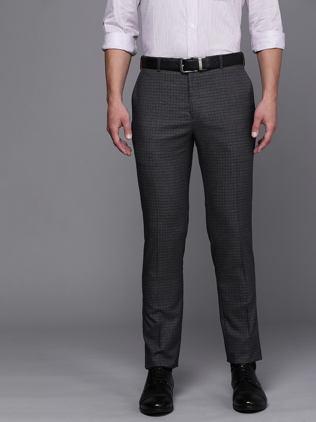 

Raymond Men Blue Checked Slim Fit Mid-Rise Formal Trousers